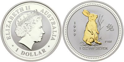 Австралия 1 доллар 1999 восточный календарь, год кролика KM 502a серебро, позолота PROOF 11-083-12
