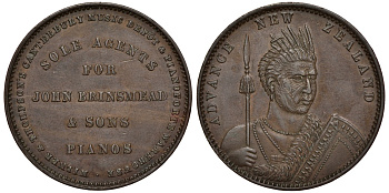 Новая Зеландия 1 пенс 1857-1881 абориген с копьем, Мильнер и Томпсон KM Tn 53 бронза aUNC 00-808-69