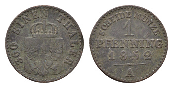 Пруссия 1 пфенниг 1852 A, Фридрих Вильгельм IV (1840-1861) KM 451 медь 4151-764