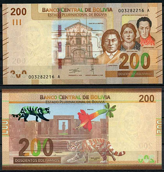 Боливия 200 боливиано 1986 (2018-2019) Тиуанаку, цветок Кантута, Андский горный кот Pick new бумага UNC (пресс) 000-00-00