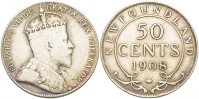 Ньюфаундленд 50 центов 1908 Эдуард VII (1901-1910) KM 11 серебро 650-1213