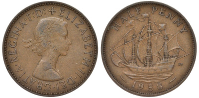 Великобритания 1/2 пенни 1958 Елизавета II (1952-2022) KM 896, Spink 4158 бронза 4128-856