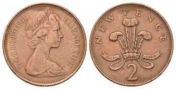 Великобритания 2 пенса 1971 Елизавета II (1952-2022) KM 916, Spink 4235 (C1) бронза 4671-512