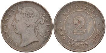 Маврикий 2 цента 1897 королева Виктория KM 8 бронза 4525-511