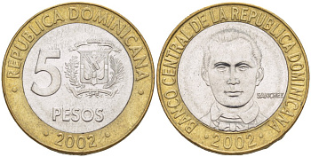 Доминиканская республика 5 песо 2002 Санчес KM 89 биметалл 4541-1116