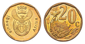 ЮАР 20 центов 2008 герб, цветок протея KM 442 сталь плакированная бронзой UNC 4687-629