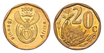 ЮАР 20 центов 2008 герб, цветок протея KM 442 сталь плакированная бронзой UNC 4687-629