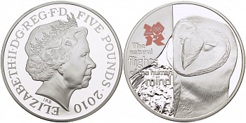 Великобритания 5 фунтов 2010 Елизавета II (1952-2022), XXX летние Олимпийские Игры в Лондоне в 2012, Британская фауна KM 1156, Spink LO46 серебро PROOF 00-00