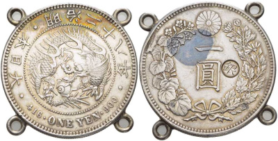 ЯПОНИЯ 1 ЙЕНА 1895 28 ГОД ПРАВЛЕНИЯ ИМПЕРАТОРА МАТСУХИТО (1867-1912), ТИП II, TOKYO MINT, ПЕЧАТЬ GIN СПРАВА ОТ НОМИНАЛА, ДИАМЕТР 38,1 ММ., НОМИНАЛЬНЫЙ СЕРЕБРЯННЫЙ СЛИТОК ДЛЯ ОБЕСПЕЧЕНИЯ, ДЕНЕЖНОЙ СИСТЕМЫ ТАЙВАНЯ, КОРЕИ, И ЮЖНОЙ МАНЧЖУРИИ, С ПОДВЕСКИ, С УШ
