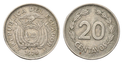 Эквадор 20 сентаво 1974 год-тип KM 77.2 медно-никель 4579-252