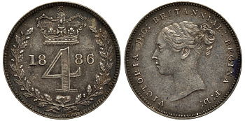 Великобритания 4 пенса 1886 Виктория (1837-1901) KM 732, Spink 3917 серебро aUNC 1524-214