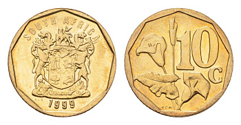 ЮАР 10 центов 1999 герб, цветок алоэ KM 161 сталь плакированная бронзой UNC 4694-753