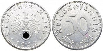 ГЕРМАНИЯ 50 РЕЙХСПФЕННИГОВ 1943 A KM 96 алюминий 3856-757