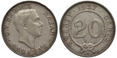 Саравак 20 центов 1927 Н, Третий Раджа Чарльз Вайнер Брук, Королевство Саравак (1846-1946) KM 17а серебро 1521-142