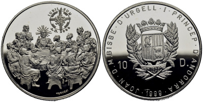 Андорра 10 динеров 1999 серия миллениум, тайная вечеря KM 161 серебро PROOF 11-153-24
