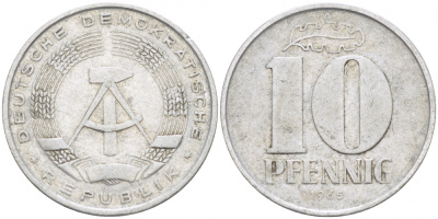 ГДР 10 ПФЕННИГОВ 1965 А KM алюминий 110-317