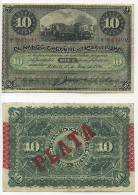 Куба 10 песо 1896 Испанская Администрация, надпечатка PLATA Pick 49 d бумага 448-30-2