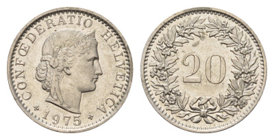 Швейцария 20 раппенов 1975 KM 29a медно-никель 4685-312