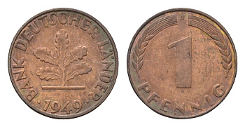 ФРГ 1 пфенниг 1949 J KM A101, J. 376 сталь плакированная медью 4685-353