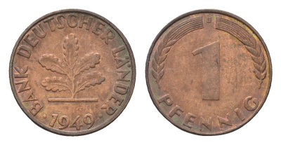 ФРГ 1 пфенниг 1949 J KM A101, J. 376 сталь плакированная медью 4685-353