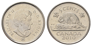 Канада 5 центов 2010 Leaf, Елизавета II (1952-2022), бобр KM 491 сталь плакированная никелем 4689-525
