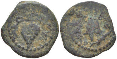 Иудея, династия Ирода прута 4 г. до н.э.-6 год Ирод Архелай, виноградная гроздь / шлем, Иерусалим Hendin 1196 медь 1073-21-83