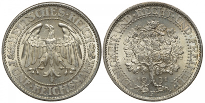 Германия 5 марок 1931 F, Дуб. Единство, справедливость, свобода, цена по каталогу МТ 500 евро J. 331, KM 56 серебро UNC 00-804-10