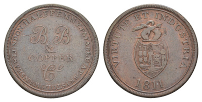 Великобритания, Бристоль 1/2 пенни 1811 гурт шнур вправо, Британская медная компания, токен Withers 451, Davis 107 медь 3711-342