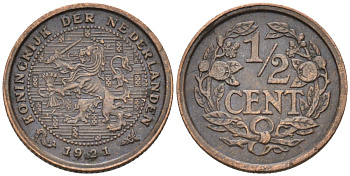 Нидерланды 1/2 цента 1921 Вильгельмина (1890-1948) KM 138 бронза 1528-324
