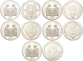 Сьерра-Леоне полный набор из 5 монет (1 доллар) 2019 Большая африканская пятерка (Африканские маски животных ) - Буйвол, Слон, Леопард, Лев, Носорог KM 462, 463, 464, 465, 466 и 467 медно-никель BU M26-07