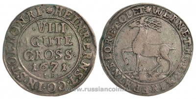 Штольберг-Вернигероде 8 гутергрошей 1674 IB, Генрих Эрнст Friederich 1214 ff, Slg. Friederich 697 ff серебро 00-000-00