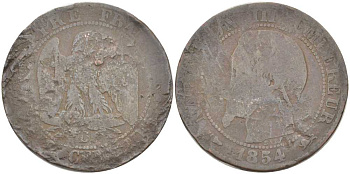 ФРАНЦИЯ 5 САНТИМОВ 1854 D, НАПОЛЕОН III (1852-1870) KM 771.4 бронза 175-313