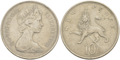 Великобритания 10 пенсов 1968 Елизавета II (1952-2022) KM 912, Spink 4231 (F1) медно-никель 4403-716
