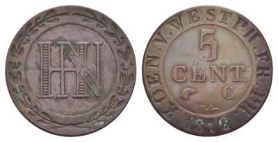 Вестфалия 5 сантимов 1812 C, Жером Бонапарт (1807-1813) Smith 298, KM 94, ASK 40 медь 633-1225