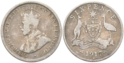 Австралия 6 пенсов 1917 M, Георг V (1910-1936) KM 25 серебро 4623-148