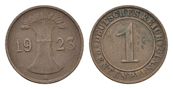 Германия 1 рентенпфенниг 1923 A KM 30, J. 306 бронза 4696-554