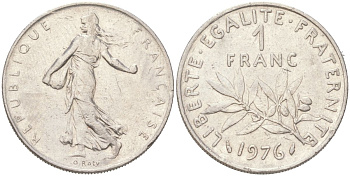 Франция 1 франк 1976 сеятель, тип Semeuse KM 925.1, Le Franc 226.21 никель 4156-132