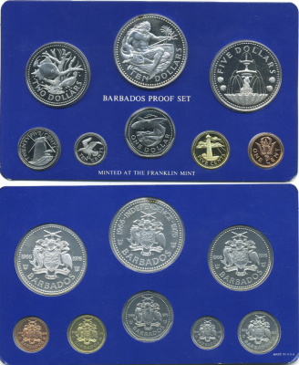 Барбадос набор из 8 монет 1976 10 лет независимости, в запайке в оригинальной коробке KM PS 4, KM (19-24, 25a, 26a) серебро PROOF 2-6-3-01