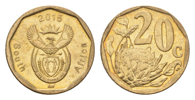 ЮАР 20 центов 2015 герб, цветок протея KM 270 сталь плакированная бронзой UNC 4687-658