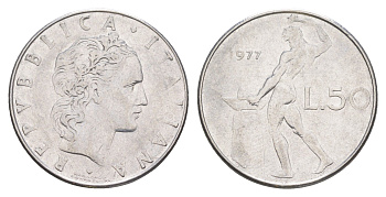 Италия 50 лир 1977 R, бог огня Вулкан у наковальни KM 95.1 нержавеющая сталь 4551-1031
