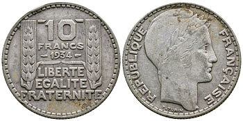Франция 10 франков 1932 Пьер Тюрен KM 878, Le Franc 360.5 серебро 4683-1026