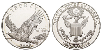 США 1 доллар 2008 P, Белоголовый орлан, оригинальная коробка, сертификат KM 439 серебро  PROOF  3-6-5-23