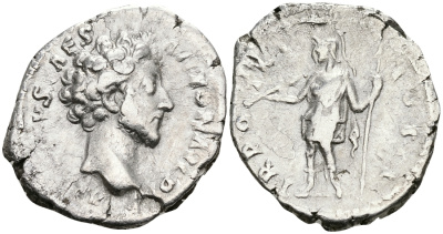 Римская Империя денарий 155 - 146 Марк Аврелий в ранге цезаря TR POT X COS II Виртута, персонификация Доблести Рим Good Very fine RIC 468 серебро 1073-4-57