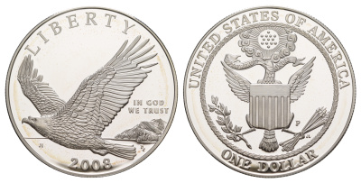США 1 доллар 2008 P, Белоголовый орлан, оригинальная коробка, сертификат KM 439 серебро  PROOF  3-6-5-23