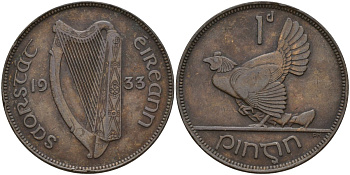 Ирландия 1 пенни 1933 курица с цыплятами KM 3 бронза 4144-1132
