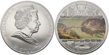 Острова Кука 20 долларов 2008 серия шедевры искусства, Микеланджело, Сотворение Адама, цветная эмаль, кристаллы, тираж 1000 экземпляров, вес 3 унции KM 636 серебро  PROOF 3-4-7-05