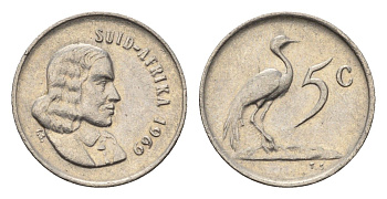 ЮАР 5 центов 1969 Ян ван Рибек (1619-1677), Suid Africa, легенда на африкаанс, райский журавль KM 67.2 медно-никель 4694-428