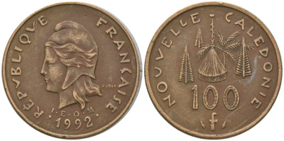 Французская Новая Каледония 100 франков 1992 хижина среди сосен и пальм, (IEOM) KM 15, Schoen 16, Lec 137 никель латунь 4140-616