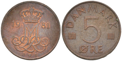 Дания 5 эре 1981 Маргрете II (1972- ) KM 859 бронза 4580-268