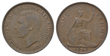 Великобритания 1 пенни 1947 Георг VI (1936-1952) КМ 845, Spink 4114 бронза 4111-1013